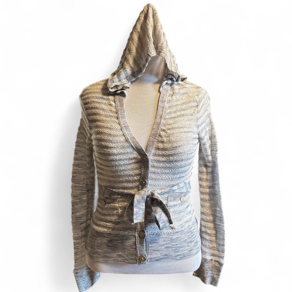 Anthropologie Moth Hoodie Cardigan S Terry Cloth Gray Stripe Belted Y2K
